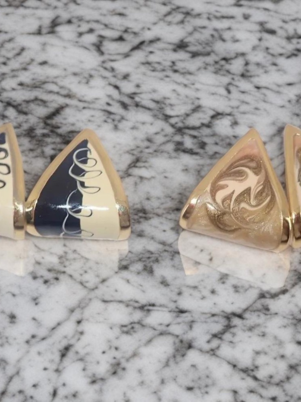 MCM Vintage Enamel Art Deco Set of 2 Pyramid Shape Post Gold Tone Earrings Mint